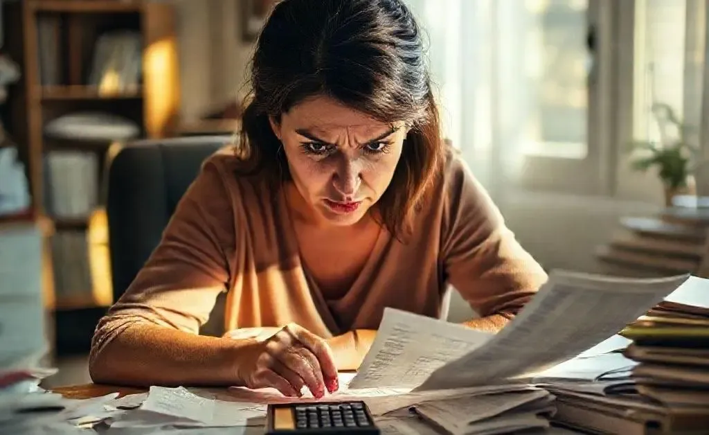 A woman sitting at a table with a calculator and receipts, looking frustrated