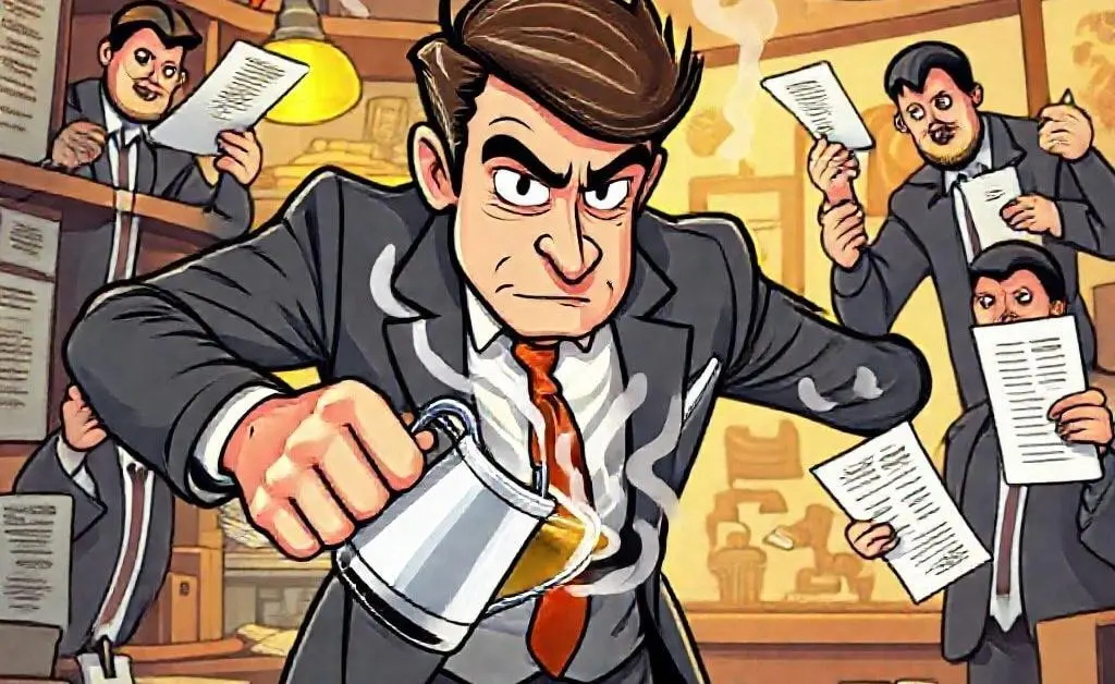 A man in a suit pouring coffee while dodging bill collectors