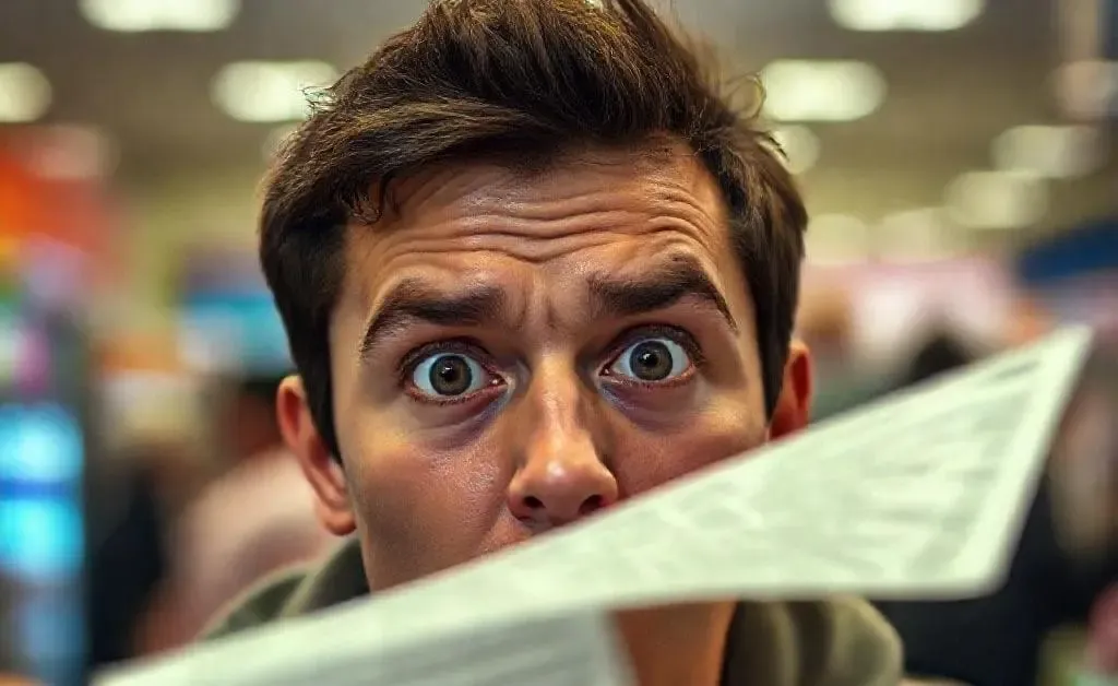 A person staring at a long, unbroken receipt, appearing shocked and slightly dizzy