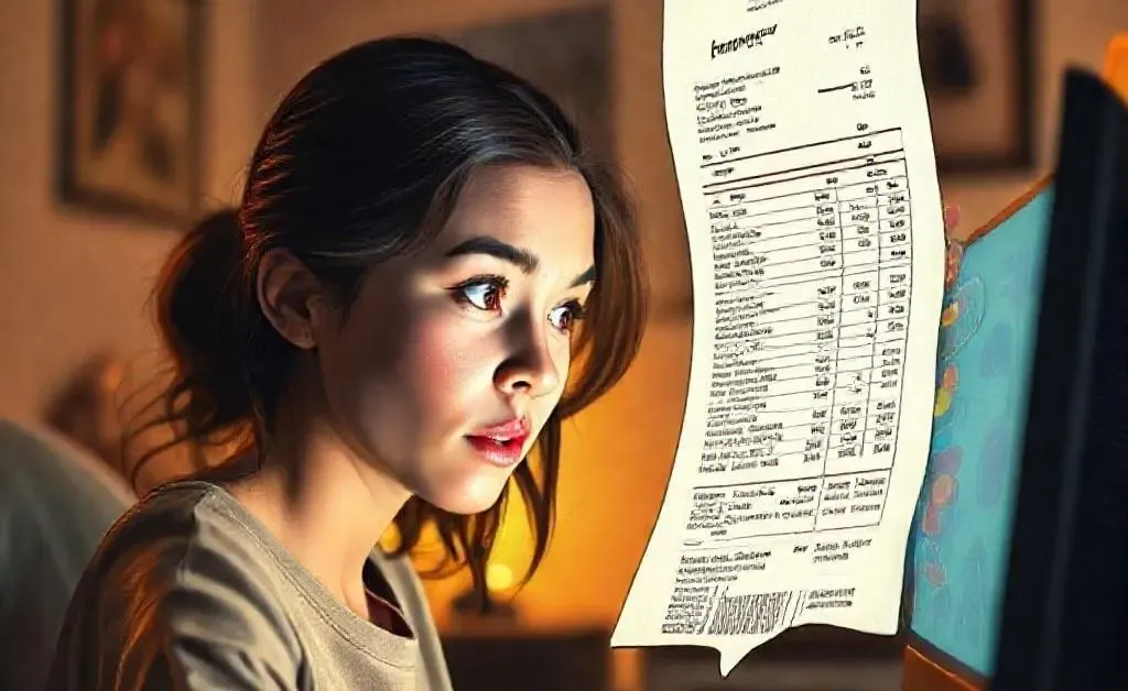 Mia watching her computer screen, which shows a giant, exaggerated receipt bursting out.