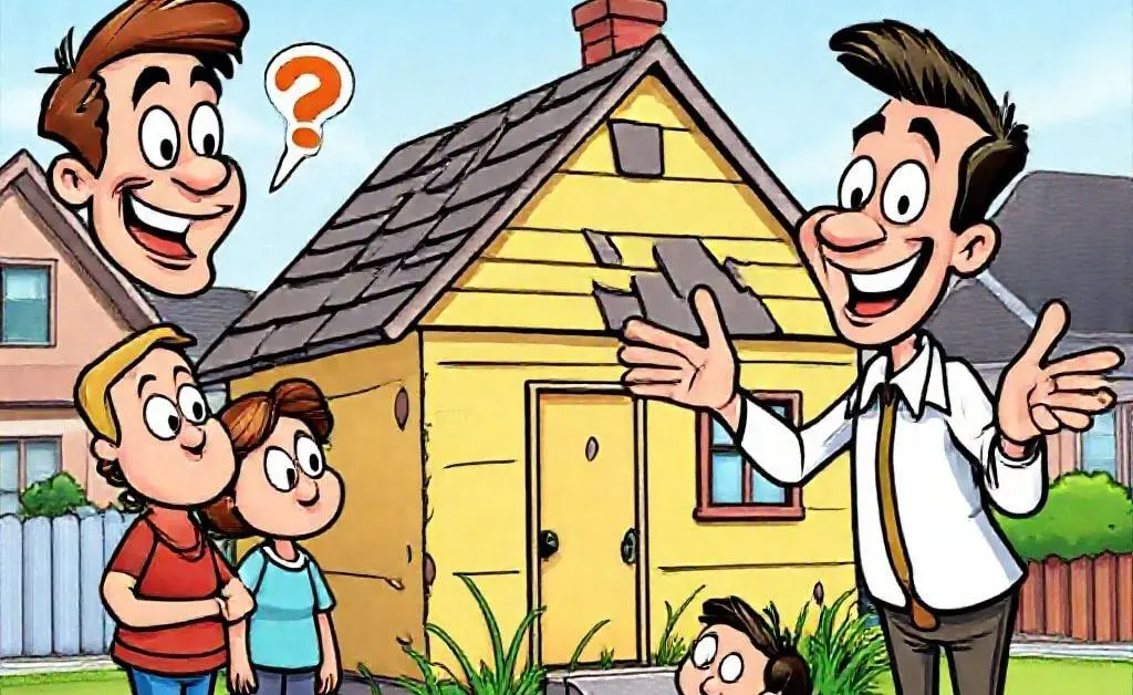 A tiny, worn-down house is shown by an optimistic agent.