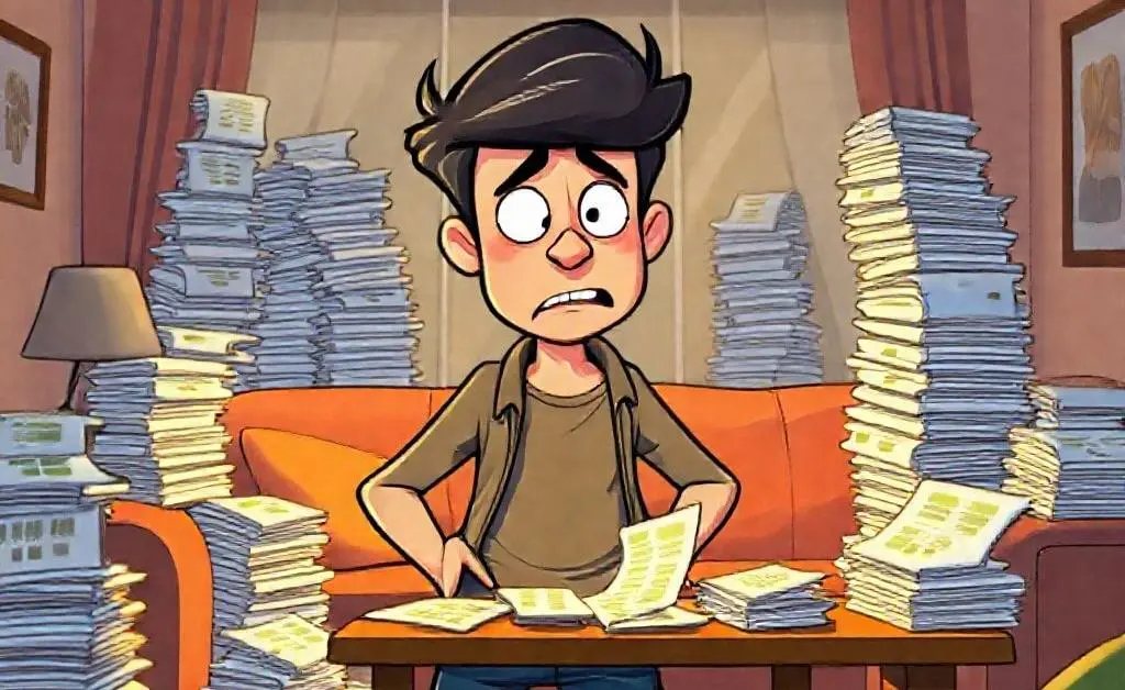 Cartoon of the same young man now at home, with bills piling up and him frantically searching his pockets.