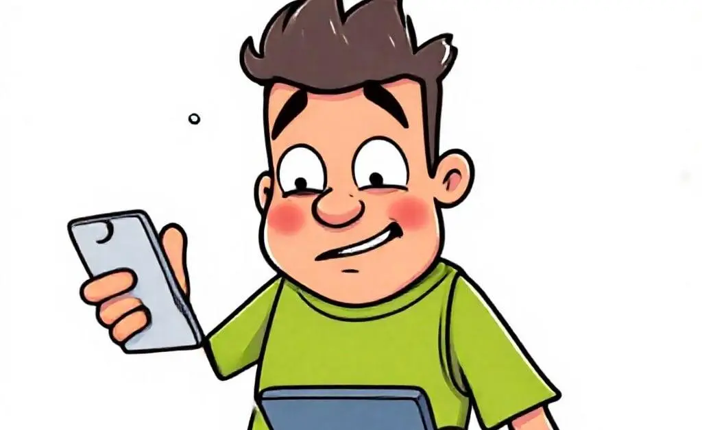 Cartoon character checking bank app, exaggeratedly sweating