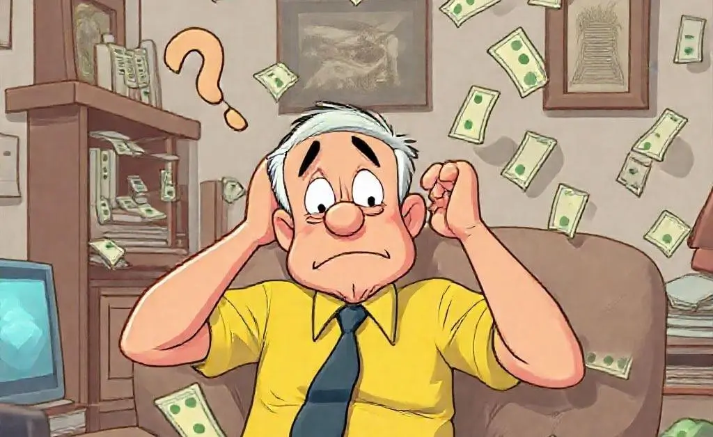 Bob at home, surrounded by bills, scratching his head in confusion.