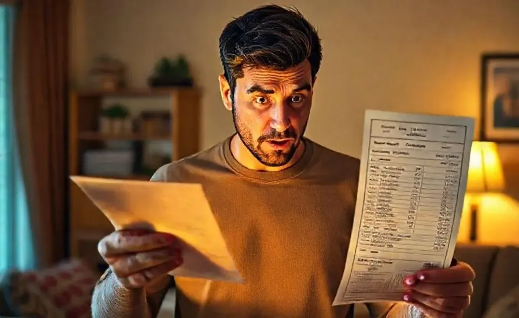 A man looking at a big pizza delivery bill with surprise