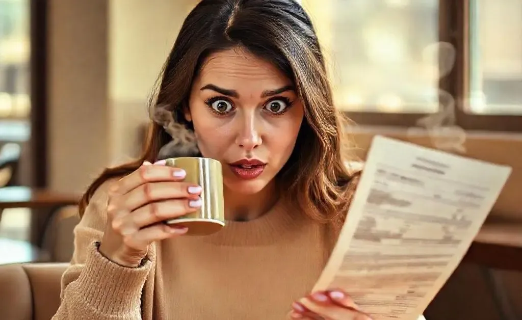 Woman surprised at her bank statement while sipping coffee