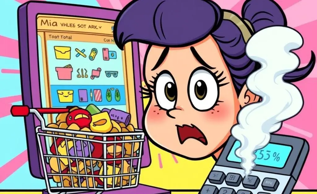 Cartoon Mia stunned by her ballooning online cart total as the calculator smokes
