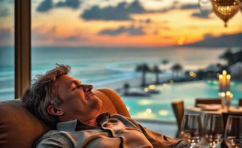 The same man dreaming about luxurious vacations and fancy dinners