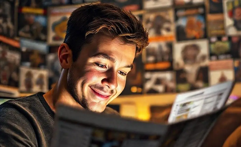 A dad looking at his video game wishlist with an innocent smile