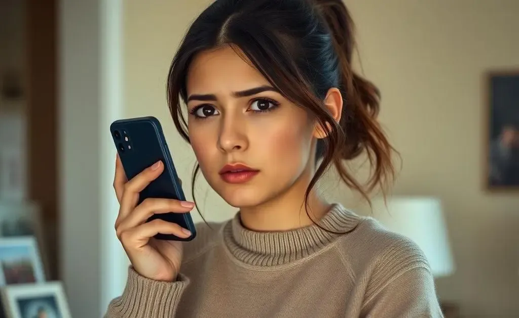 Mia receiving a phone call from the bank, looking worried