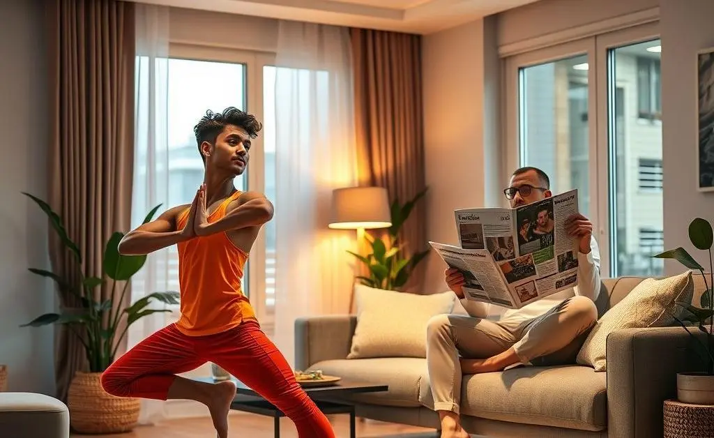 Two guys in a living room, one doing yoga while the other tries to understand a financial magazine