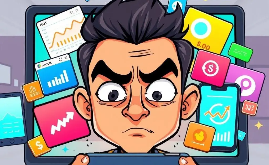 A cartoon man squinting at an array of colorful finance apps, totally confused