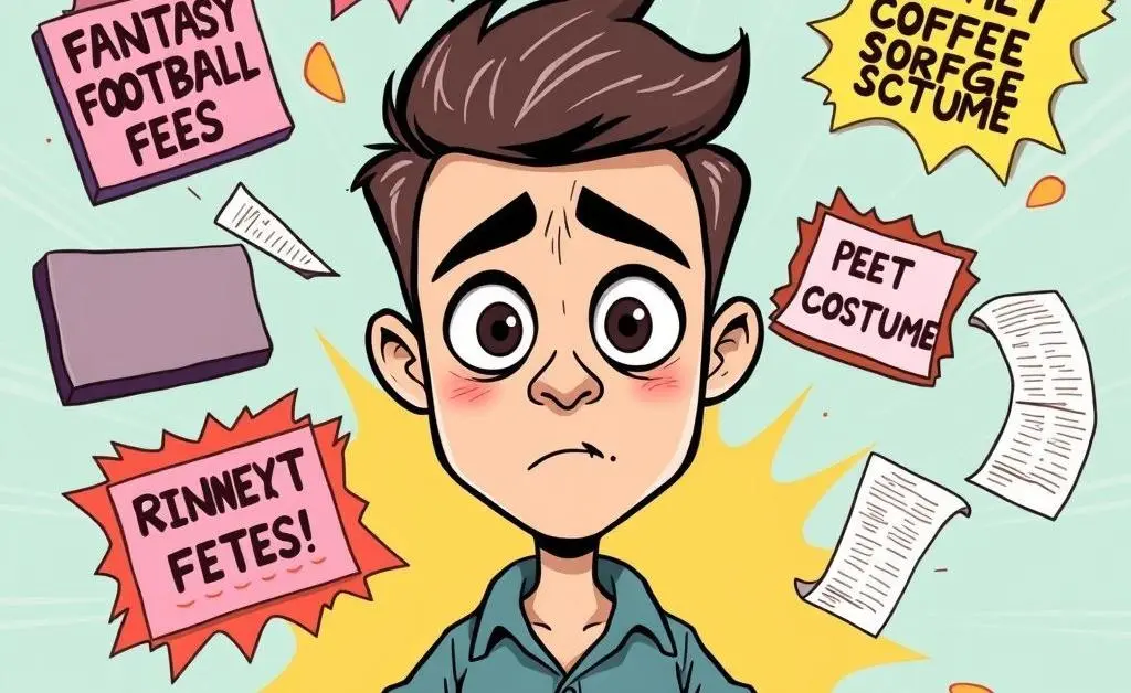 A cartoon man looking bewildered as he sees unexpected expenses like 'Fantasy Football Fees', 'Gourmet Coffee Splurge', and 'Pet Costume'.