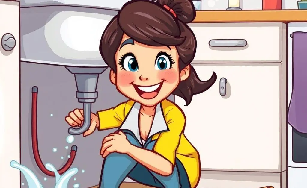 cartoon woman attempting to fix a leaky sink, surrounded by water and tools