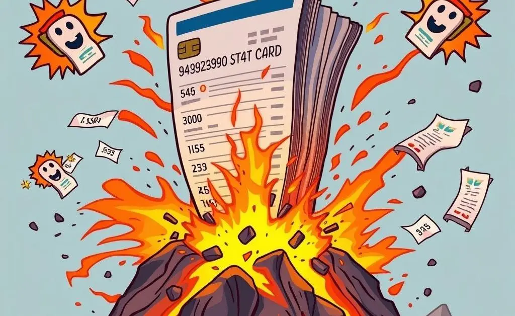 A cartoon of a credit card bill erupting like a volcano