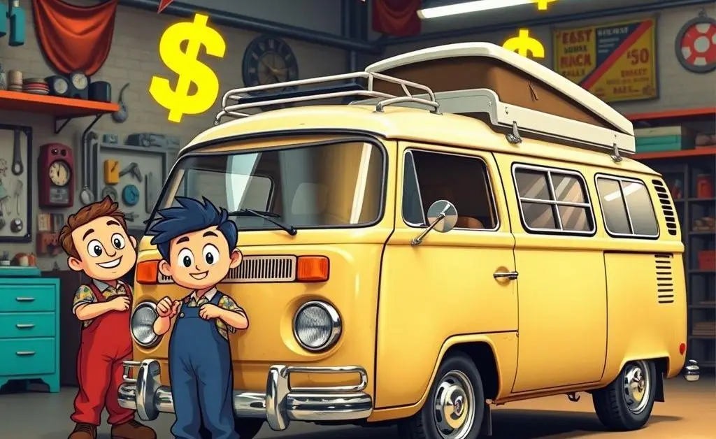 Cartoon mechanics with dollar signs in their eyes inspecting an old VW van