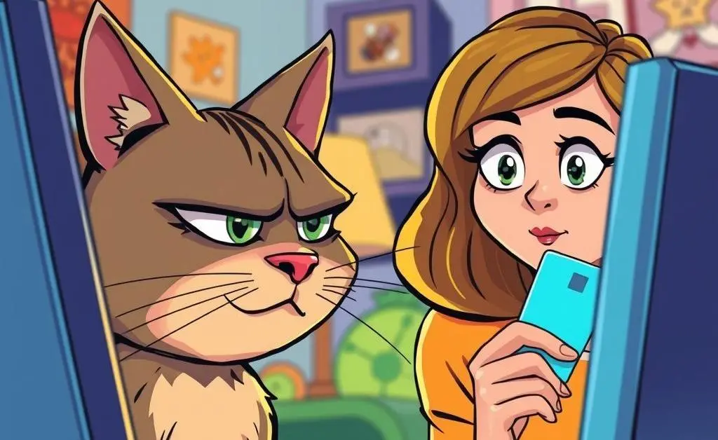 A cartoon-style image of Sarah's cat, looking judgmentally at Sarah who's holding her credit card close to the screen.