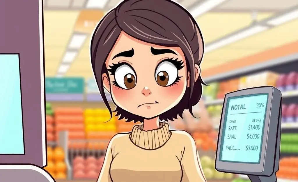 A woman at checkout looking nervously at her total