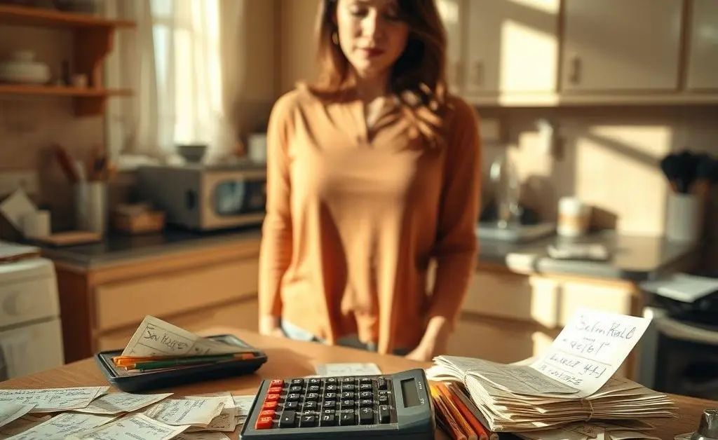 A calculator, pencils, and haphazardly scribbled bills around a woman in a kitchen