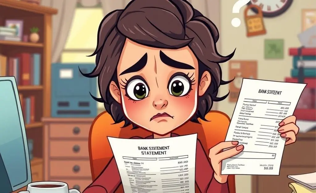 A woman looking at her bank statement, confused and stressed