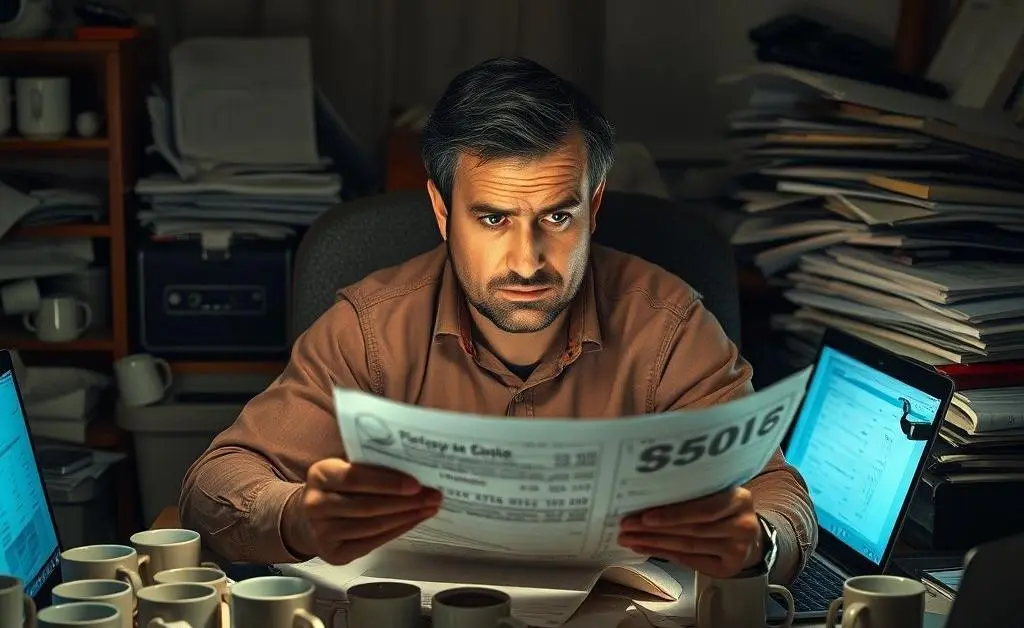 A man sitting at a cluttered desk with multiple coffee cups