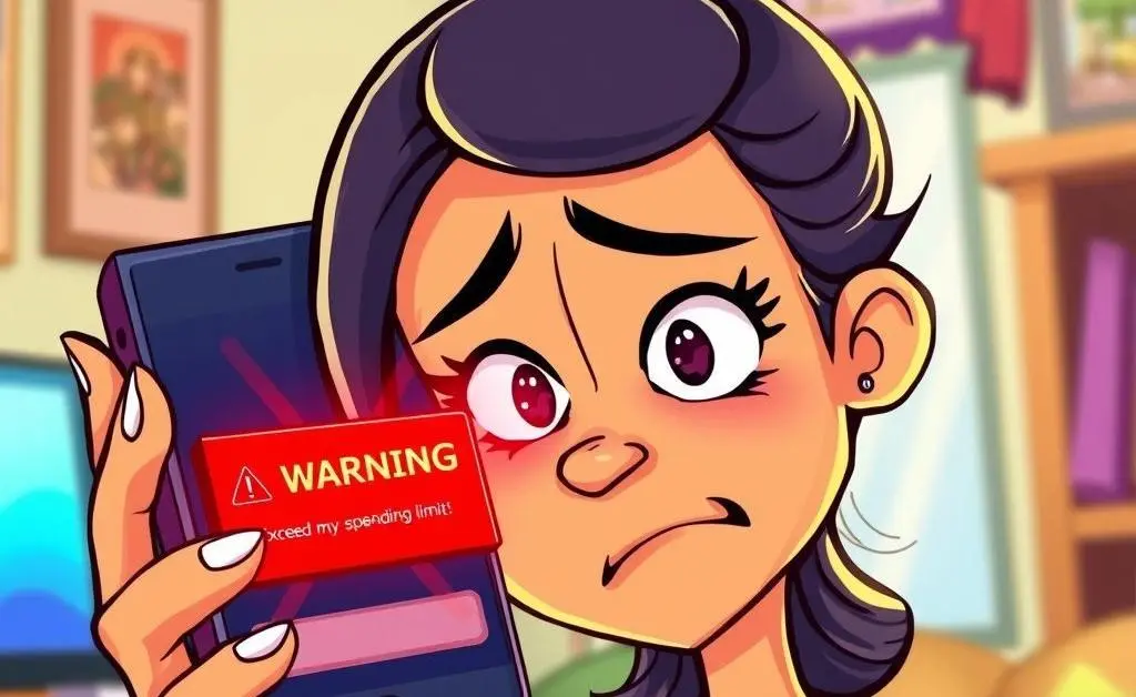 Cartoon image of Mia facing an angry phone screen, alerting her about exceeding her spending limit
