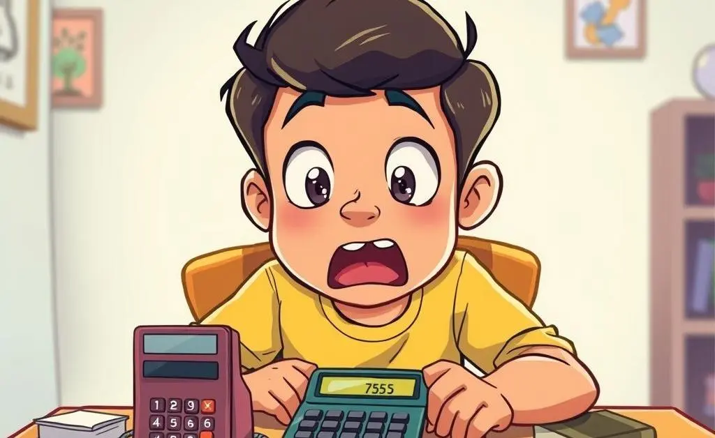 Cartoon of a person sitting at a table with a calculator and a shocked expression