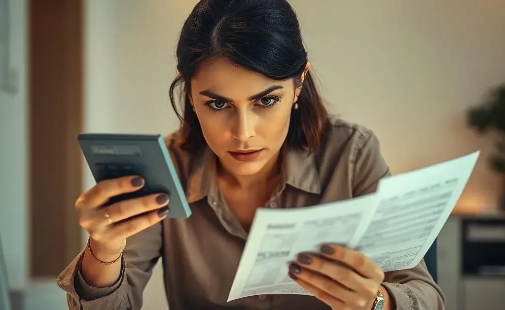 The woman with a calculator in hand, squinting at her bank statement