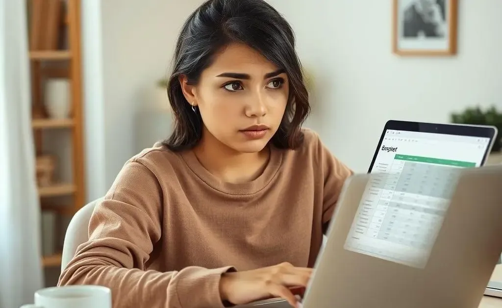 Mia looking perplexed while comparing her budget on her laptop