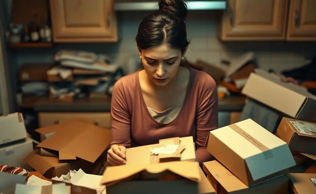 The woman sits at her kitchen table surrounded by piles of unopened boxes, looking guilty