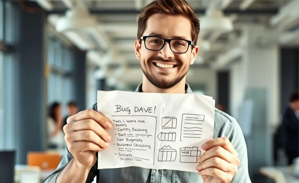 Dave holding a piece of paper with a hastily drawn business plan, looking proud