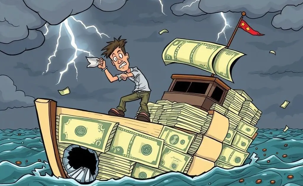 Cartoon freelancer trying to plug a leak in a sinking ship made of dollar bills