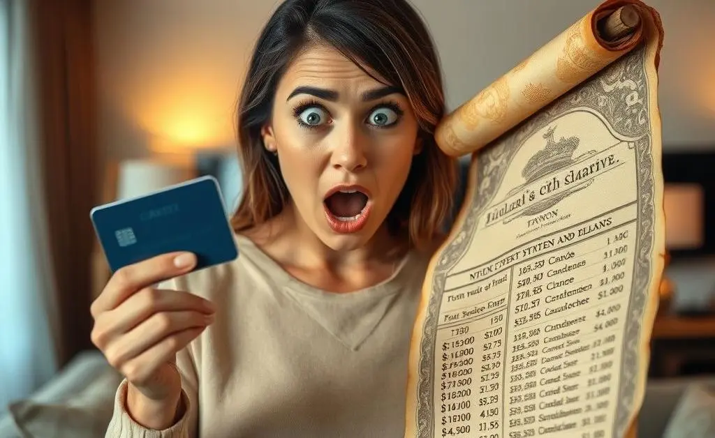 A woman looks shocked as her credit card statement stretches out like a scroll.