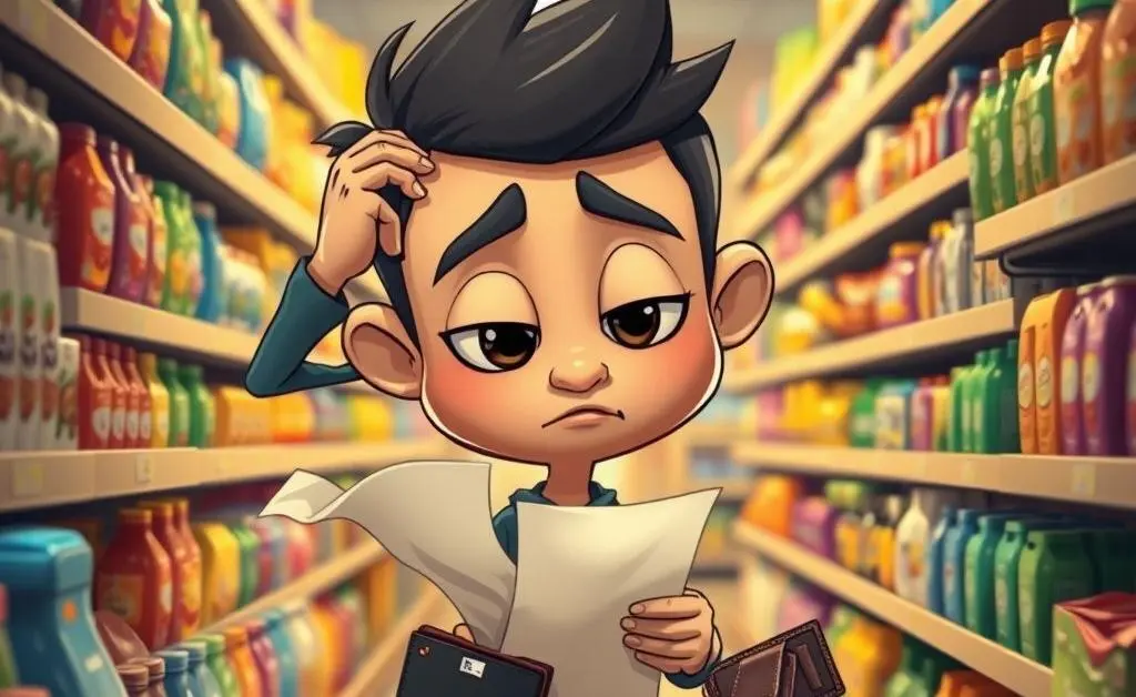 Character scratching head in a supermarket aisle, staring at a shopping list and empty wallet