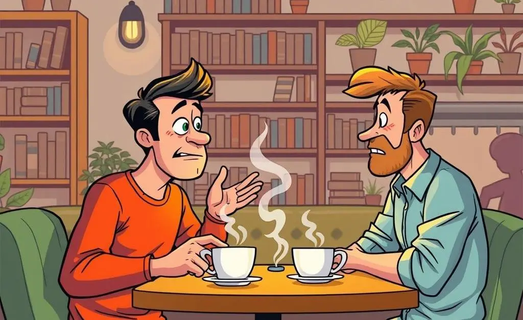 Cartoon of a man at a coffee shop with a friend discussing his financial woes