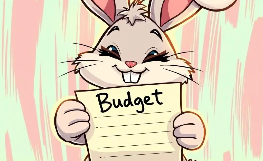 Cartoon bunny holding a list titled 'Budget' with crossed-out eyes
