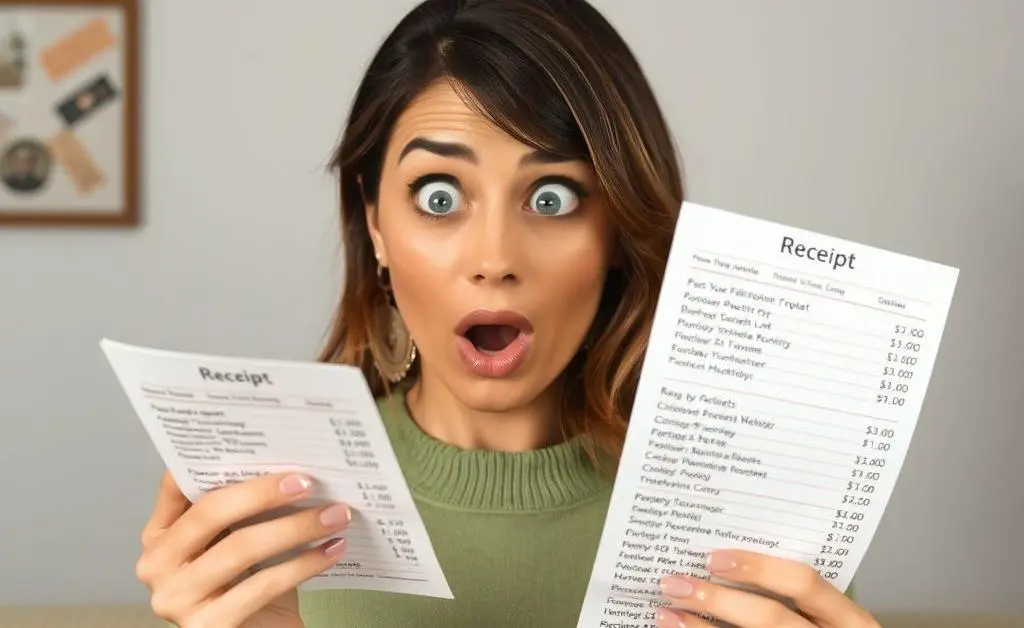 A surprised woman looking at a receipt with a long list of expenses