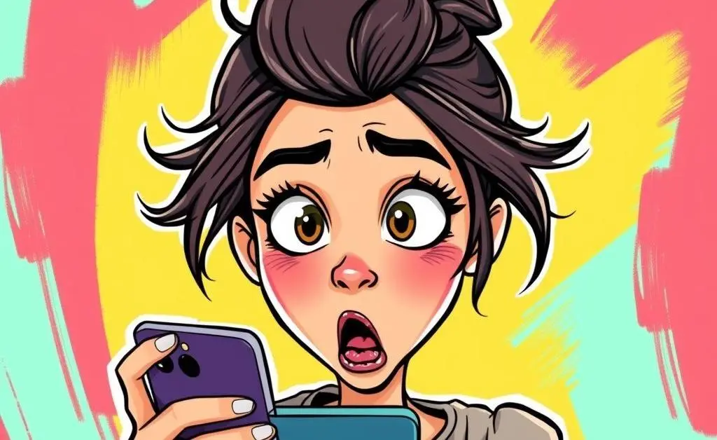 A surprised woman reading her phone with a shocked expression