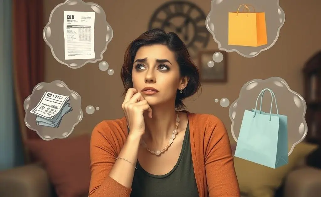 The same woman with thought bubbles showing bills, rent and groceries.