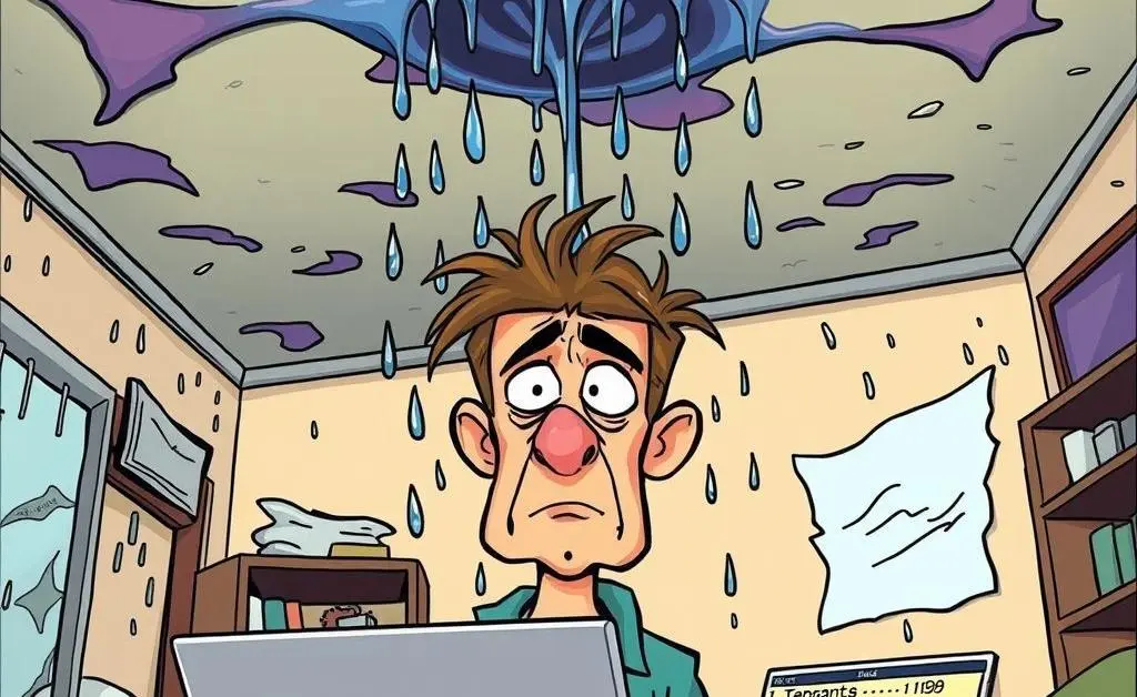 A leaky ceiling dripping on a landlord's head while eyeing his laptop