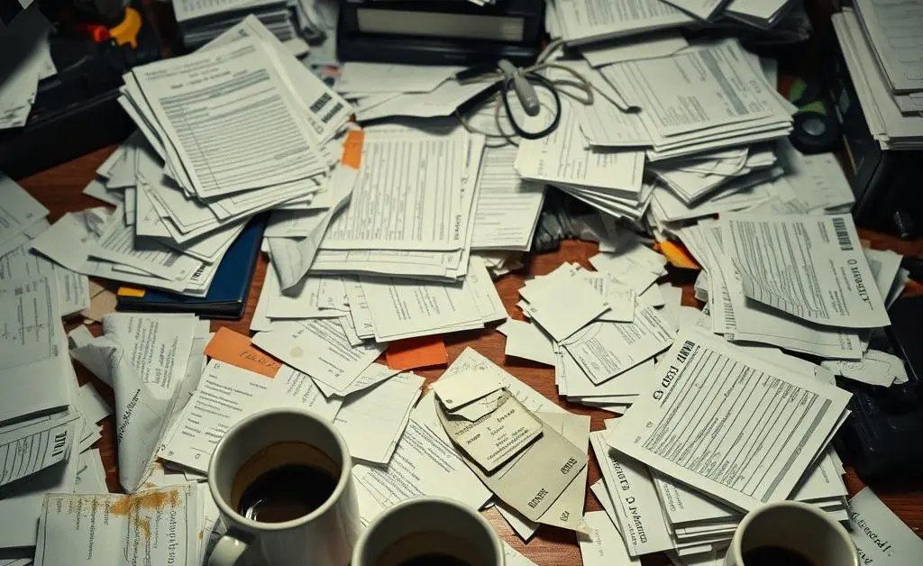 A messy office desk filled with unpaid bills and empty coffee cups.