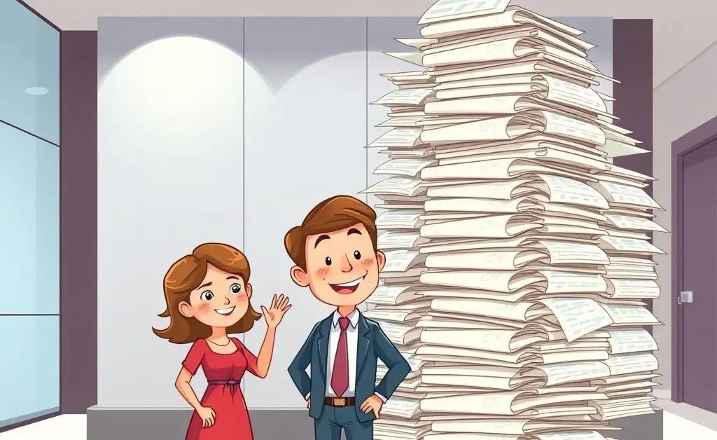 A cartoon couple in front of a bank officer who is showing them a mound of complicated paperwork