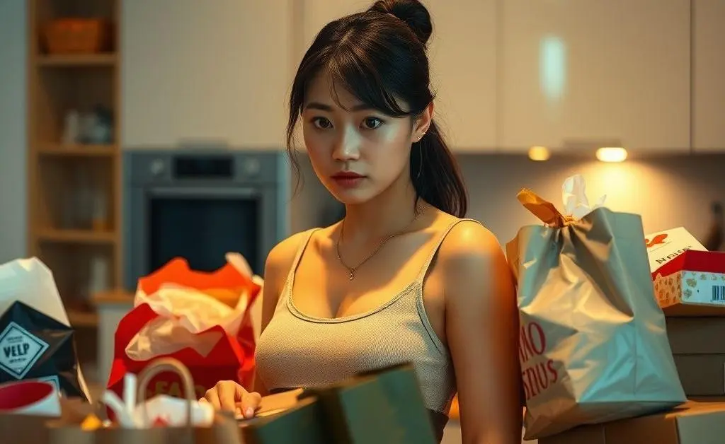 Mia surrounded by deliveries in her kitchen