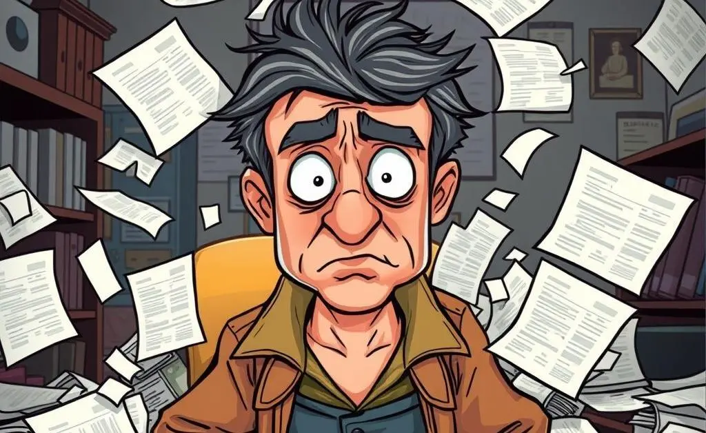 Cartoon man surrounded by outstanding bills, looking stressed