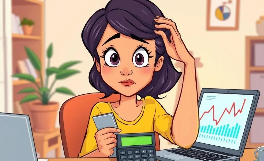 A cartoon woman scratching her head, calculator in one hand.