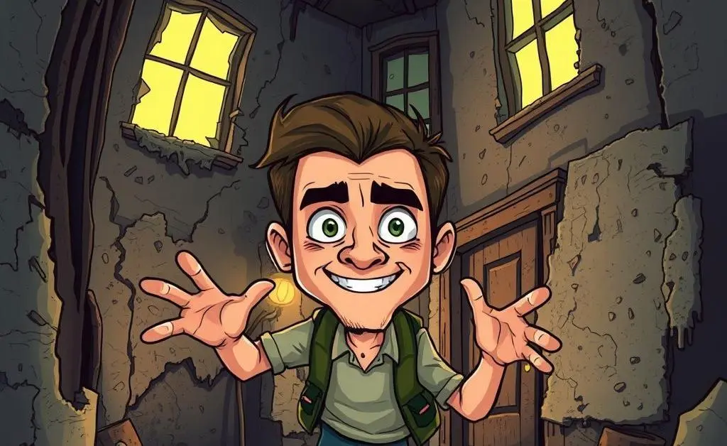 Cartoon of a man touring a dangerously dilapidated house, trying to appear confident