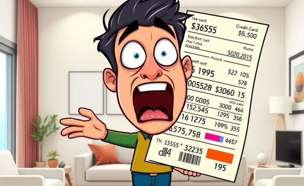 A cartoon man with his jaw dropping at a giant credit card bill