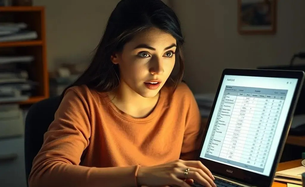 Mia staring at her budget spreadsheet with disbelief