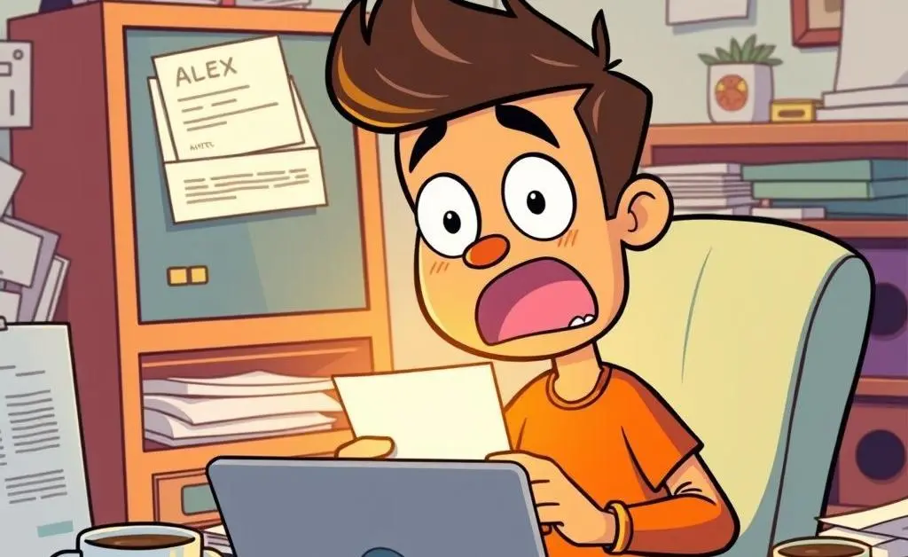 Cartoon character, Alex, shocked at credit card bill in email