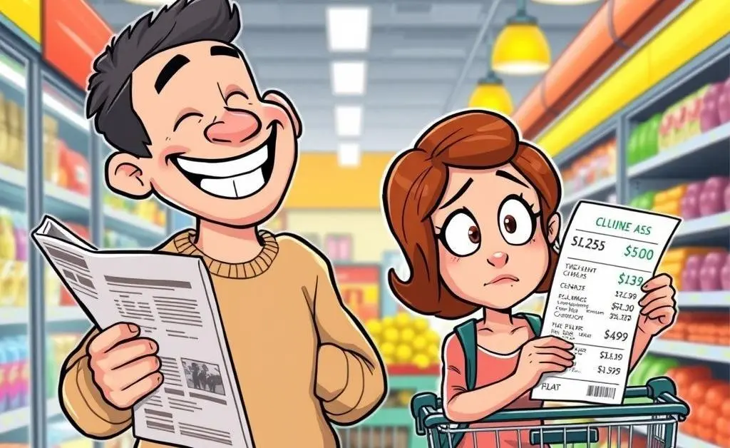 Jason laughing at Mia's shopping cart total